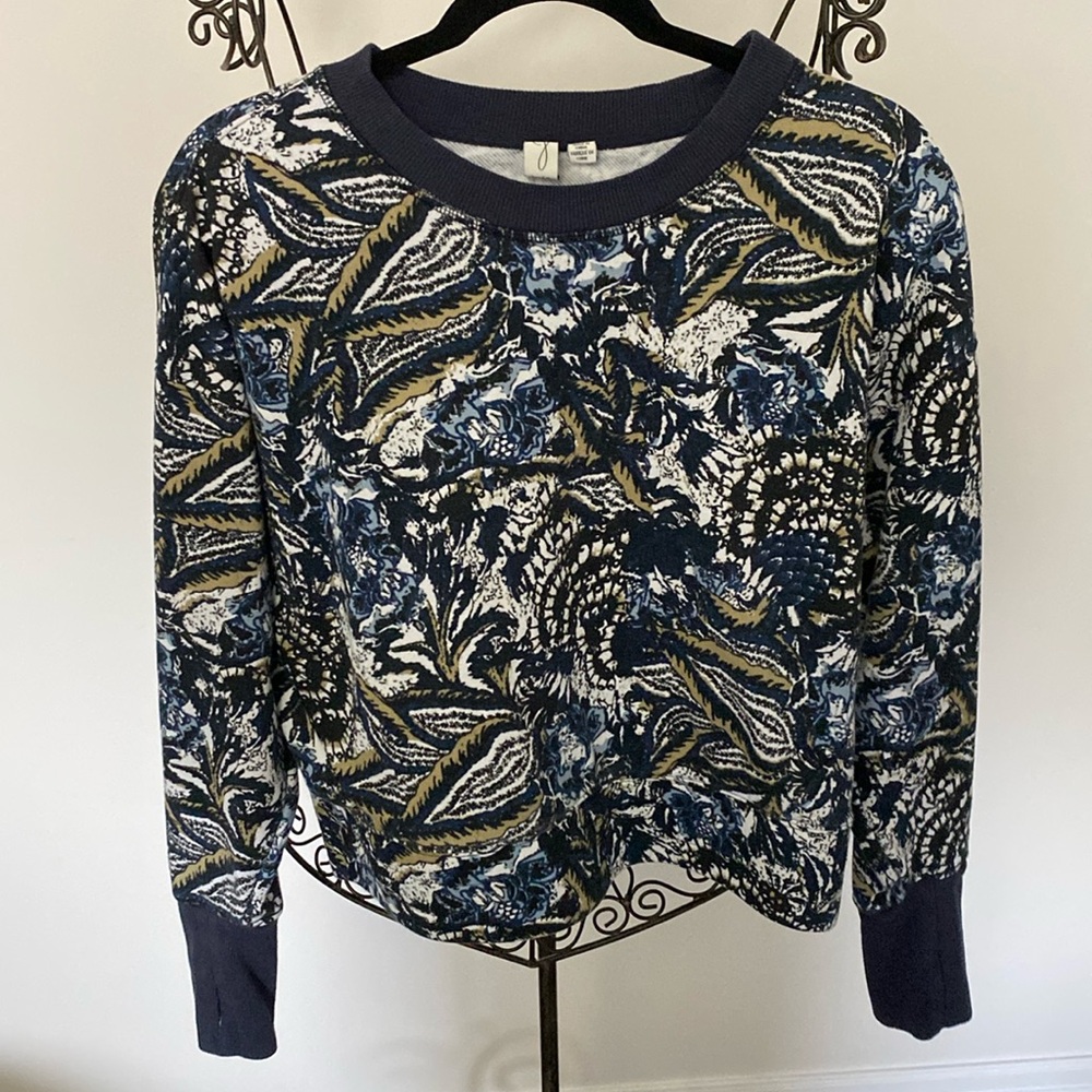 Joie Navy Blue Floral Crewneck Sweater with Olive Accents